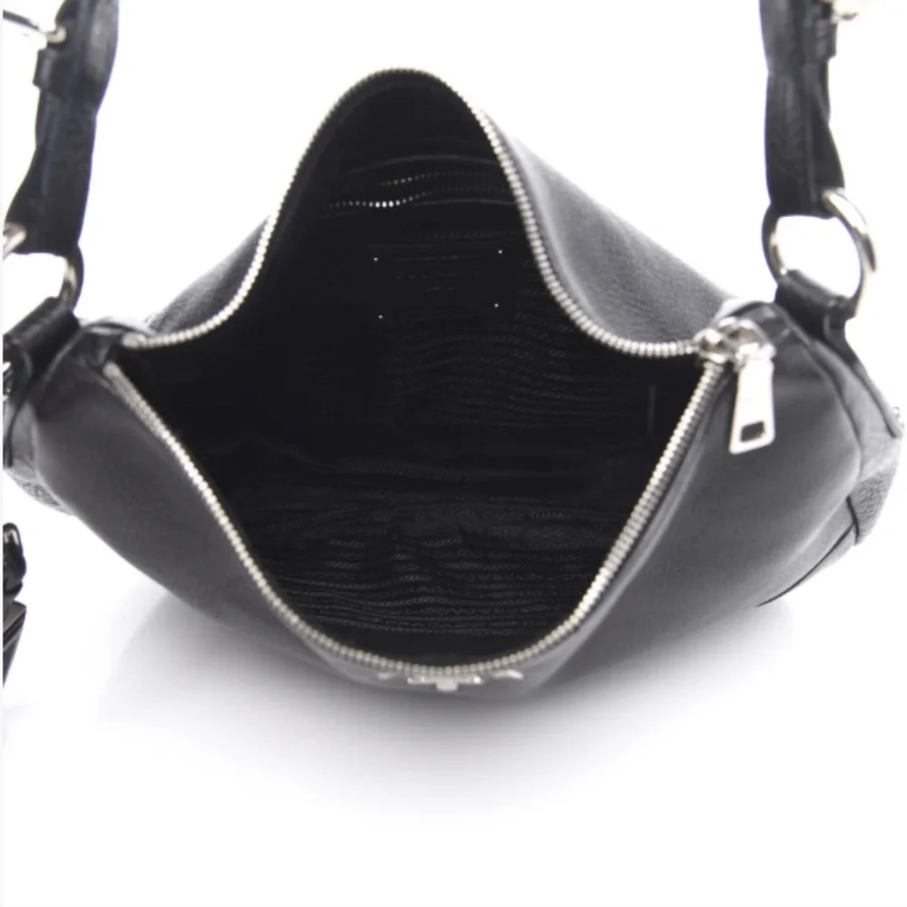 PRADA Vitello Daino Hobo in Black Leather with Silver Hardware